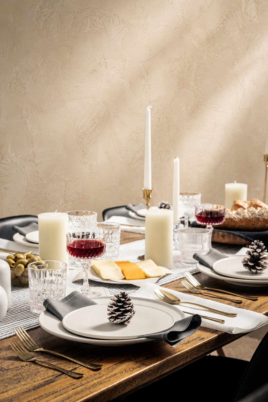 Close-up of a layered place setting with cotton napkins and soft textures